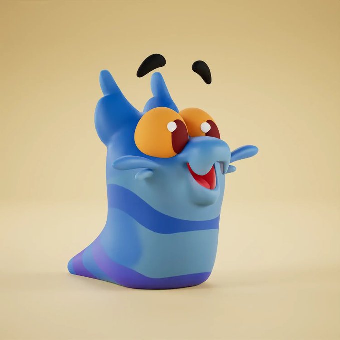 A vibrant 3D-rendered blue slug-like creature with large orange eyes, raised antennae, and a cheerful open-mouthed expression stands against a warm beige background, representing the newly acquired "Cat Slug" NFT collectible from the Claynosaurz collection.