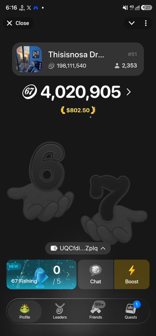 A screenshot of a mobile app interface shows a user profile for "Thisisnosa Dr..." with the number #51, displaying 198,111,540 coins and a balance of 4,020,905. The bottom navigation includes tabs for Profile, Leaders, Friends, and Quests.
