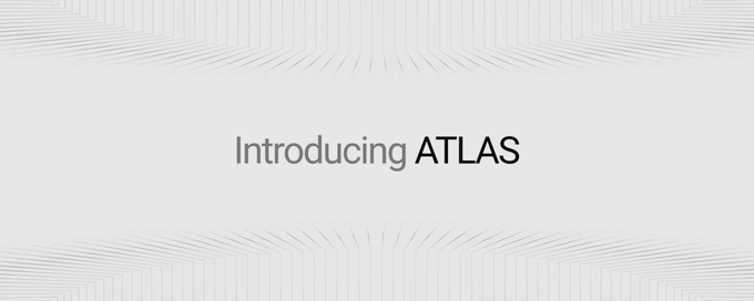 The image displays a minimalistic banner with the text "Introducing ATLAS" set against a white background with subtle geometric line patterns, visually introducing LayerZero's new "headless exchange" product that operates without a direct user interface.