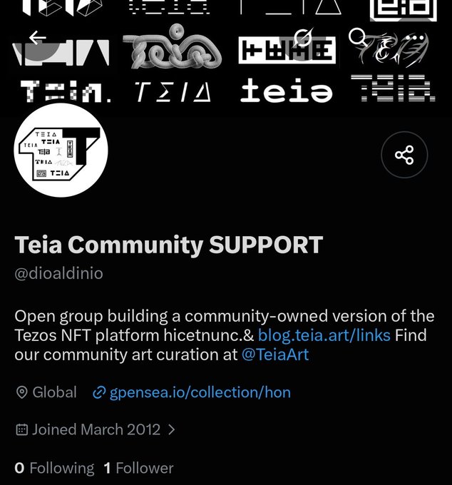 A Twitter profile for "Teia Community SUPPORT" (@dioaldinio) with 1 follower is shown, claiming to be an open group building a community-owned version of the Tezos NFT platform hicetnunc. The post warns this account is impersonating the real @TeiaCommunity and asks users to report it.