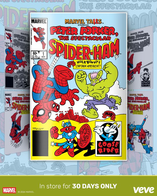 Promotional image for Marvel Tales starring Peter Porker, The Spectacular Spider-Ham featuring a Hulk Bunny vs. Captain Americat! cover, with Veve branding and text 'In store for 30 DAYS ONLY'.