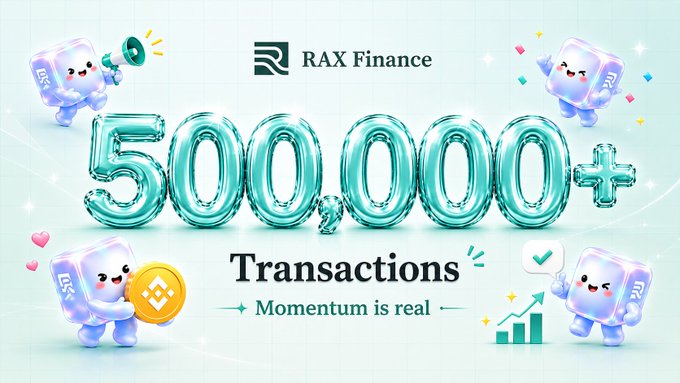 The image features a large banner with a cartoon character holding a gold coin that says "500K+ Transactions" written below it. The background of the banner displays a light blue color, and there are several small figures of people and objects scattered around the scene. The text on the banner states "500K+ Transactions", which is related to the number of transactions processed by RaxFinance's network. This milestone achievement signifies that the company has successfully processed more than 500,000 transactions on BSC Mainnet, indicating a growing user base and increased interest in their services.