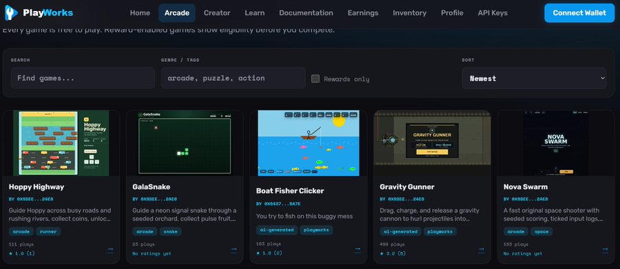 A screenshot of the Gala Playworks "Arcade" page displays a grid of user-created browser games including "Happy Highway" (111 plays, 1.0 rating), "GalaSnake" (23 plays), "Boat Fisher Clicker" (101 plays), "Gravity Gunner" (400 plays, 3.2 rating), and "Nova Swarm" (193 plays). The interface shows search and genre filters at the top, with each game tagged by category like "arcade," "runner," "snake," and "space," illustrating the platform's library of AI-generated games available to play.