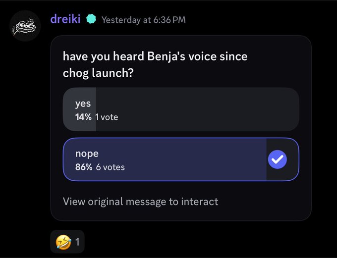 A Discord user named "dreiki" posts a poll asking "have you heard Benja's voice since chog launch?" with 86% of 7 votes responding "nope." The image ties to the "$eggmon vs $chog monad beef" context, suggesting Benja has been notably silent since $chog's launch amid the rivalry.