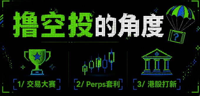 A pixel-art style graphic with green and white Chinese text reading "撸空投的角度" (Angles for farming airdrops), featuring three illustrated options: a trophy labeled "1/交易大赛" (Trading Competition), candlestick charts labeled "2/Perps套利" (Perps Arbitrage), and a bank building labeled "3/港股打新" (Hong Kong IPO Subscriptions), with a parachute dropping a mystery box icon — visually representing the three airdrop farming strategies discussed in the post.