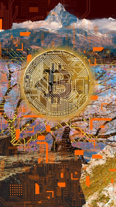 A digital collage featuring a golden Bitcoin symbol overlaid on a mountain landscape with circuit board patterns and orange accents.