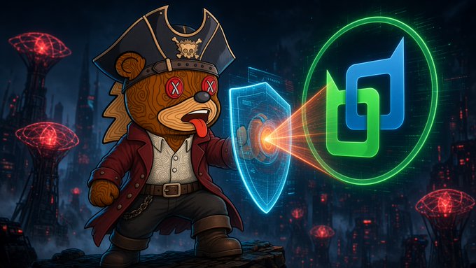 A pirate teddy bear with X-marked eyes wields a futuristic blue energy shield against a large green "d" logo, set against a neon-lit dystopian cityscape. The image visually represents Beldex's defense against digital surveillance, embodying the post's theme of building a privacy stack against apps that quietly collect user data.