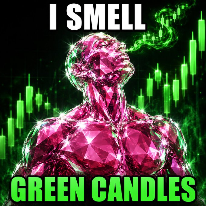 A graphic showing a pink crystalline figure exhaling green smoke with stock chart candlesticks, captioned 'I SMELL GREEN CANDLES'.