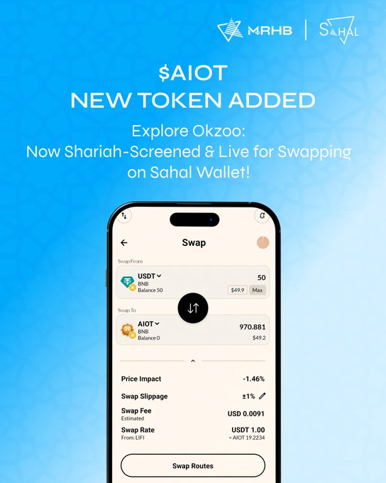 An advertisement for MRHB and Sahal Wallet announcing that '$AIOT NEW TOKEN ADDED - Explore Okzoo: Now Shariah-Screened & Live for Swapping on Sahal Wallet!' showing a swap from USDT to AIOT.
