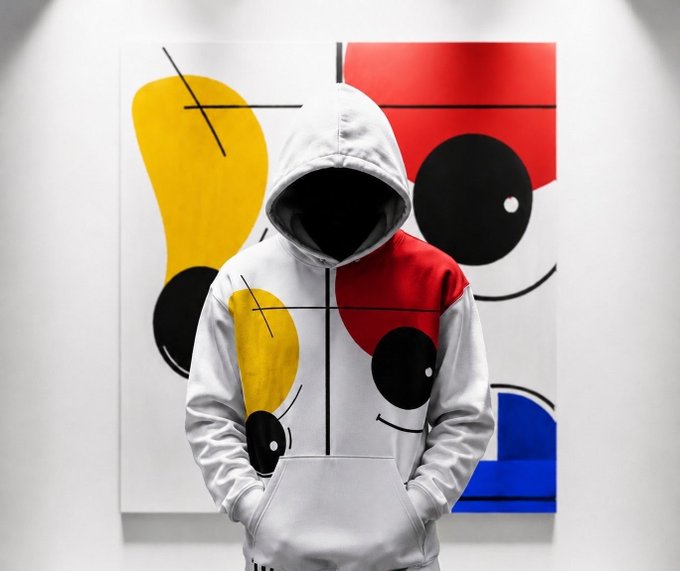 A person wearing a white hoodie stands with their face hidden in the hood, posing in front of a large abstract painting featuring bold geometric shapes in red, yellow, blue, and black reminiscent of Mondrian's style. The artwork's primary colors and modern aesthetic visually reinforce the post's theme of artistic, forward-moving innovation in the NFT and crypto space, symbolizing a journey from creation toward new ventures like Robinhood.