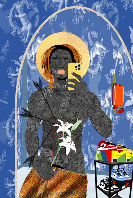 A stylized, mixed-media illustration of a figure taking a selfie with a yellow phone, set against a blue background with repeating cherub patterns, featuring a halo, flowers, and a nearby shoe display.