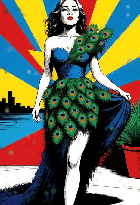 A pop-art style illustration features a woman with dark hair and red lipstick wearing a strapless blue dress adorned with peacock feathers, set against a vibrant sunburst background in red, yellow, and blue with a city skyline silhouette.