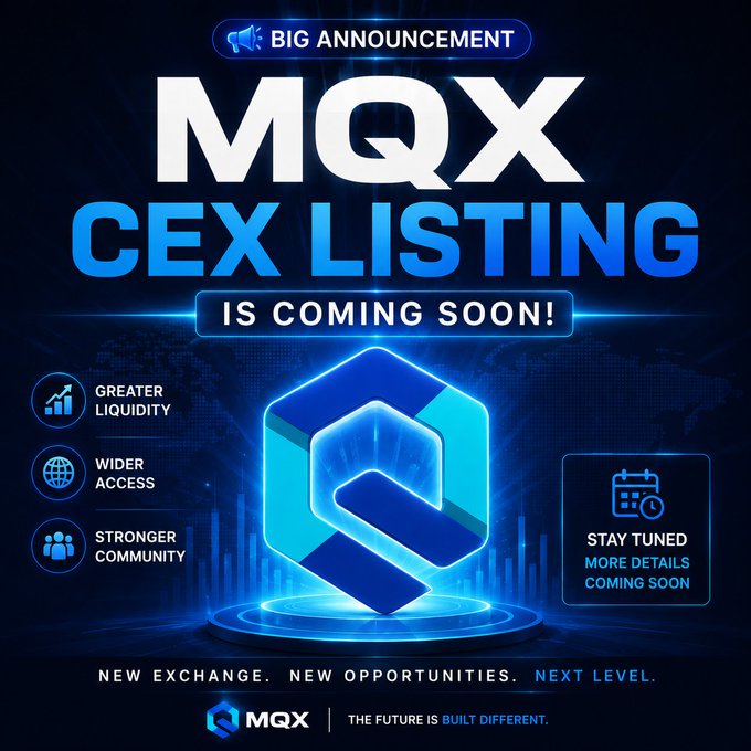 A promotional graphic announcing an upcoming CEX listing for MQX exchange, featuring a glowing blue 3D logo and listing benefits like 'Greater Liquidity' and 'Wider Access'.