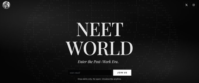 The image features a website called "neet world" with a black background, white text, and a logo of a globe. The website appears to be about joining the "neet world" community or participating in some sort of online event. It is described as a "free more @loveamerica neet loot soon neet world order". This suggests that the website offers free content or items for download, possibly related to the "neet world" community or their interests. The image also includes a link to join the site and a button to access the content.