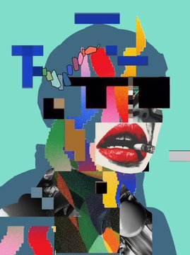 The image features a collage of various elements, including a person's face with sunglasses, a cigarette, and other objects such as a car and a bird. The background color appears to be blue or greenish-blue. The caption "2/69 R3ORDR RUNES" is present in the image.