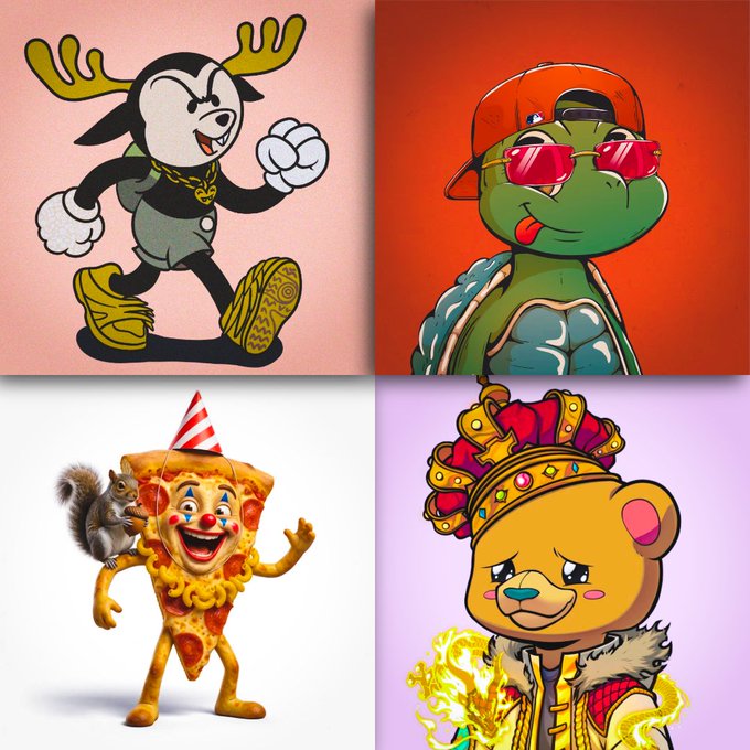 The image features four cartoon animal characters, including a bear wearing a crown, a raccoon with a crown, a turtle, and a moose. The caption reads "Fuck it... +4. Collectors collect. NFTs". This suggests that these characters are part of an art project or collection, possibly for sale as digital artwork or merchandise.