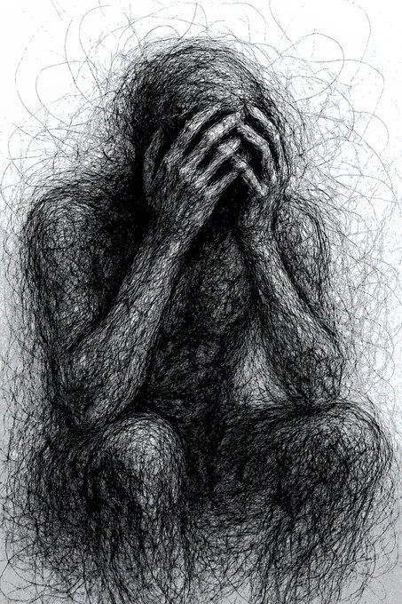 Black and white sketch of a figure rendered in chaotic scribbled lines, covering its face with its hands in a distressed pose.
