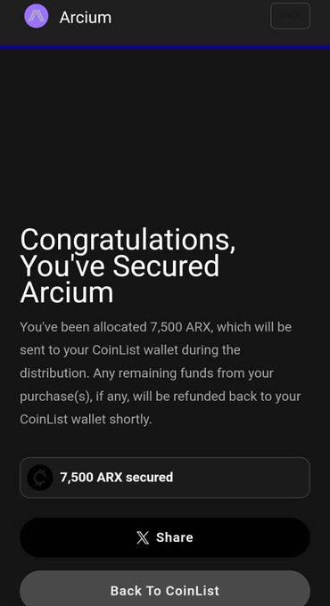 The image shows a phone screen displaying an email from Arcium, congratulating the user for being allocated 7,500 ARX secured against them. The email also mentions that the user has been assigned to their coinlist account and will be able to easily recover their initial capital by locking in some solid profits.