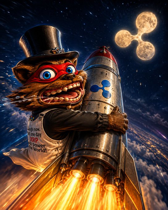 A fierce feline character in a top hat and red mask rockets skyward on a rocket emblazoned with the XRP logo, soaring past a triple-moon sky, visually capturing the explosive, unstoppable rally of XRP toward $1.43. The image's vertical thrust and blazing engines mirror the post's "going VERTICAL" hype, symbolizing XRP's seemingly limitless momentum.