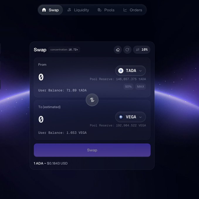 A screenshot of a cryptocurrency Swap interface exchanging tADA for VEGA, displaying a user balance of 71.89 tADA and 1.653 VEGA, with a conversion rate of 1 ADA = $0.1843 USD.