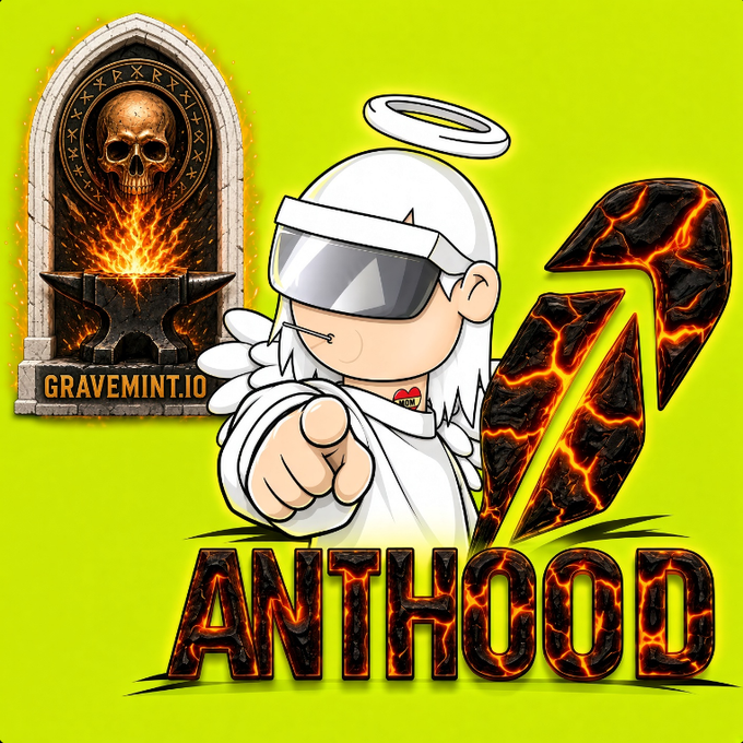 A promotional graphic for the game "GRAVEMINT.IO" features a cartoon character in white robes and a VR headset alongside an "ANTHOOD" logo with lava-like textures.