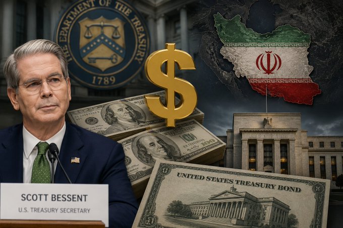 The image is a composite graphic showing Scott Bessent, identified by a placard as "U.S. Treasury Secretary," positioned alongside the Department of the Treasury seal, a large gold dollar sign, scattered U.S. currency, a "United States Treasury Bond," and an Iranian flag overlaid on the country's map with a government building in the background. The visual ties directly to the post's themes of escalating U.S. financial pressure on Iran and the Treasury's deepening involvement in the bond market.
