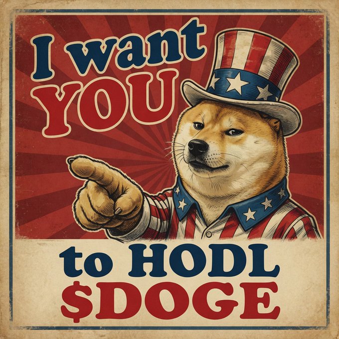 A vintage-style recruitment poster features a Shiba Inu dog (the Doge meme mascot) dressed as Uncle Sam with a star-spangled top hat and patriotic outfit, pointing directly at the viewer with the bold text "I WANT YOU to HODL $DOGE," cleverly tying the meme coin community's rallying cry to the post's recruitment message.