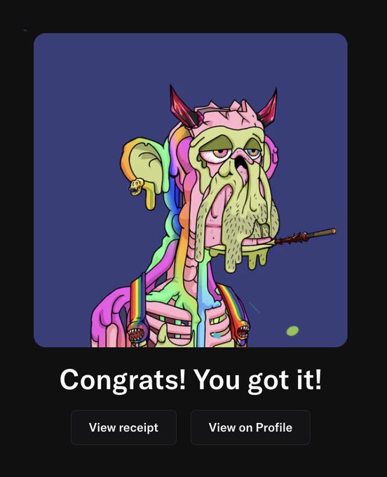 A pop-art style illustration of a bearded monster smoking a cigarette, appearing as a digital collectible receipt with text 'Congrats! You got it!' and buttons for 'View receipt' and 'View on Profile'.