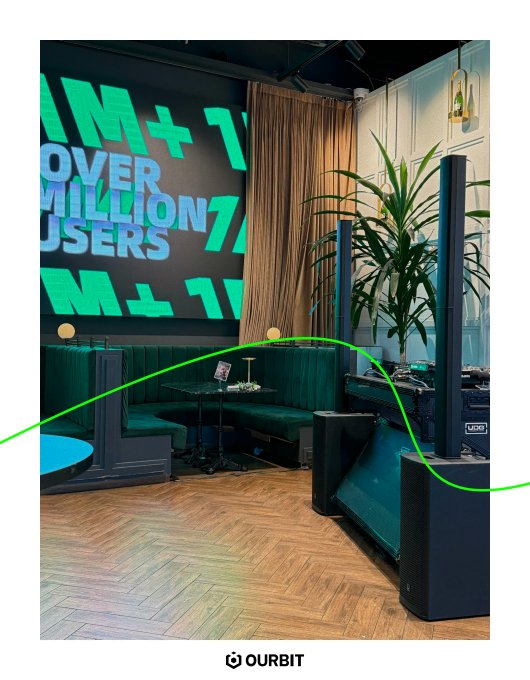 A stylish lounge area at Korea Blockchain Week (KBW) features plush green booths, herringbone wood flooring, and a vibrant neon display reading "M+1 OVER MILLION USERS" alongside professional DJ equipment, perfectly capturing the celebratory vibe of Ourbit's milestone and their cosplayers' on-theme presence at the event.