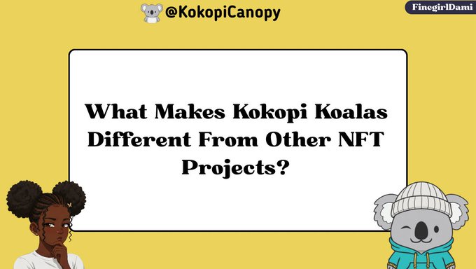 A presentation slide asks "What Makes Kokopi Koalas Different From Other NFT Projects?" with a girl and koala mascot illustrated on a yellow background.