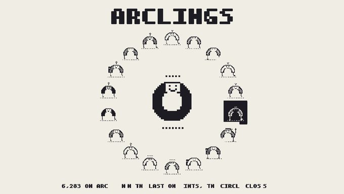 A pixel-art promotional image for "Arclings NFT" displays the project's title above a central character surrounded by smaller character sprites arranged in a circle, with text below stating "6,283 on Arc" and "Mint in last on ints. in circle clos" promoting their upcoming mint with 6,283 supply on the Arc mainnet.