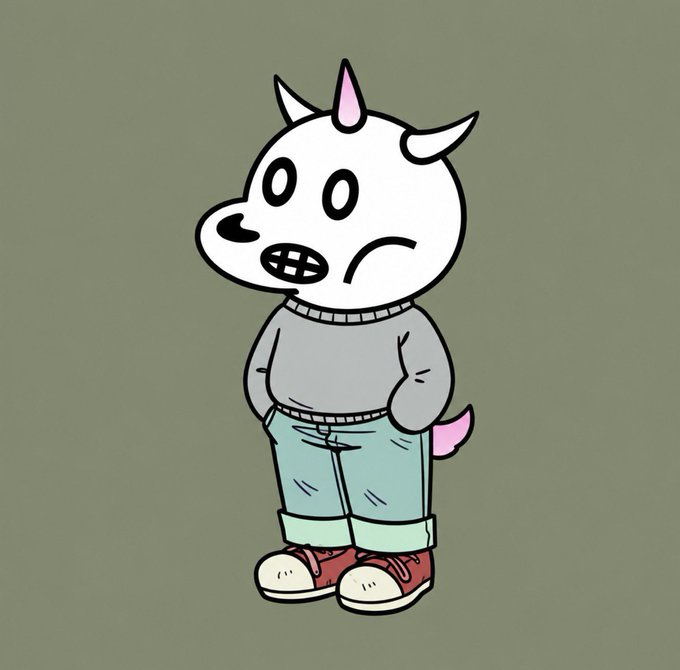 A cartoon illustration of a white unicorn-like character with a pink horn and tail, wearing a gray sweater, blue jeans, and red sneakers, standing against a green background.
