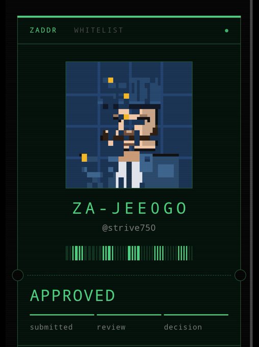 A green-themed digital whitelist approval card displays a pixel art portrait of a bearded character, labeled 'ZA-JEE0GO @strive750' with the status 'APPROVED' and progress through submitted, review, and decision stages.
