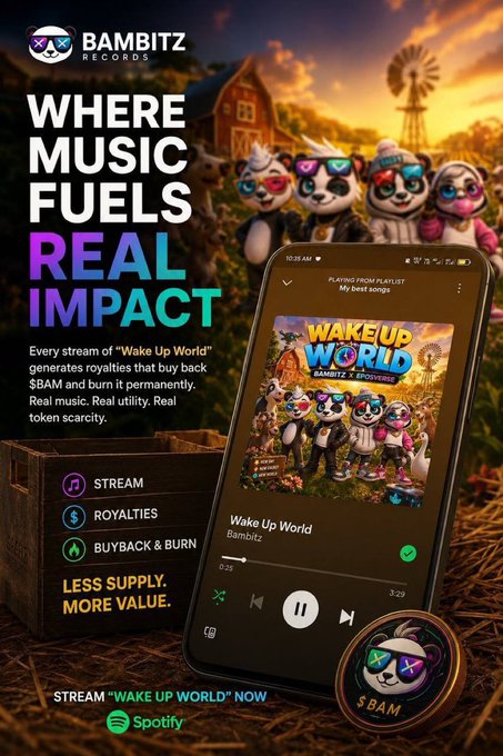 A promotional advertisement for BAMBITZ RECORDS featuring the tagline 'WHERE MUSIC FUELS REAL IMPACT', showing cartoon pandas and a Spotify interface for the song 'Wake Up World'.
