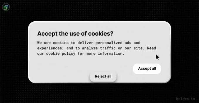 A cookie consent dialog on a dark textured background asking 'Accept the use of cookies?' with options 'Reject all' and 'Accept all', with the URL 'beldex.io' visible.