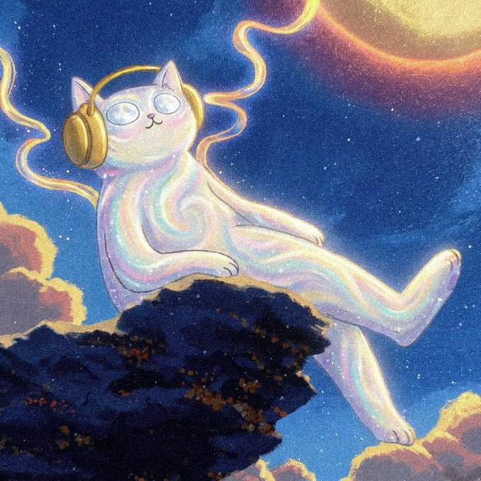 A colorful digital illustration of a cat wearing gold headphones with its eyes closed in a peaceful expression, floating in a starry night sky above clouds.