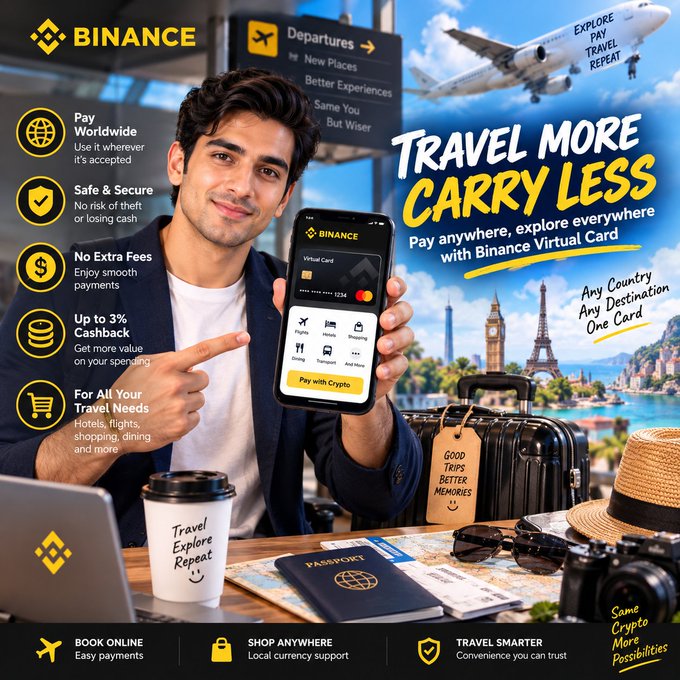 A promotional Binance advertisement featuring a young man holding a smartphone displaying the Binance app's Virtual Card interface, surrounded by travel essentials like a suitcase, passport, coffee cup, and camera, with the headline "TRAVEL MORE CARRY LESS" and benefits listed including "Pay Worldwide," "Safe & Secure," and "Up to 3% Cashback." The image visually reinforces the post's message about using cryptocurrency for travel expenses—hotels, food, shopping, and transport—by showing the Binance Virtual Card as the seamless solution for paying abroad without the hassle of carrying cash.