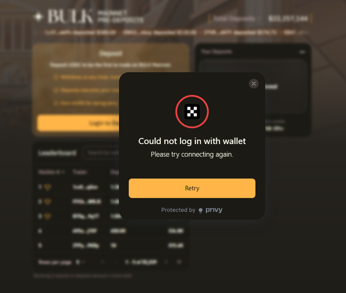 A website error popup on a dark-themed interface shows 'Could not log in with wallet - Please try connecting again' with a yellow 'Retry' button.