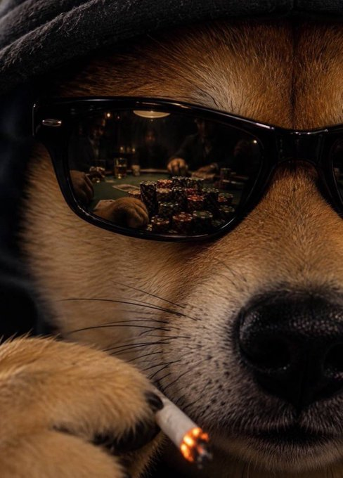 A dog wearing sunglasses with a poker game reflected in the lenses, holding a lit cigarette, embodying the "high and mighty" poker-face confidence referenced in the post about resilient $ALLINU community members stacking their chips for a bull run.