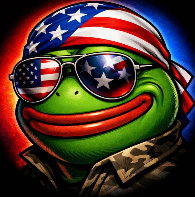 A stylized illustration of Pepe the Frog with aviator sunglasses reflecting the American flag, wearing a US flag bandana and military camouflage jacket.
