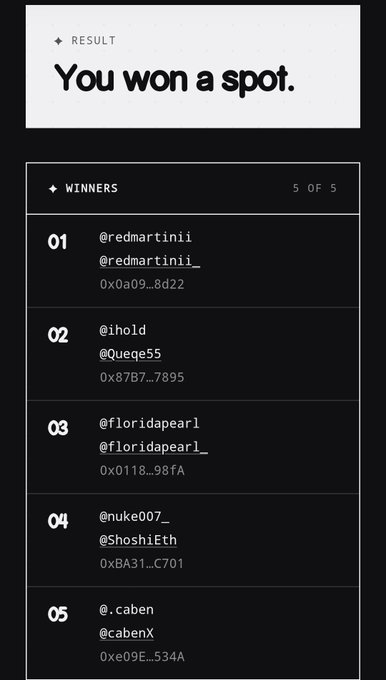 A digital winners list titled 'You won a spot.' showing 5 of 5 winners including handles like '@redmartinii', '@ihold', '@floridapearl', '@nuke007_', and '@.caben' with corresponding wallet addresses.