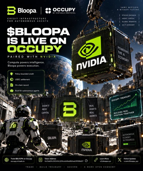 A promotional poster for Bloopa on Occupy with NVIDIA partnership, advertising 'Credit Infrastructure for Autonomous Agents' and 'Build for autonomous agents,' with token address and website occupy.virtuals.io.