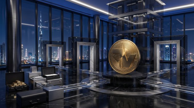 A futuristic interior scene showing a large golden cryptocurrency-style coin on a pedestal in a sleek glass building overlooking the Dubai skyline, including the Burj Khalifa.