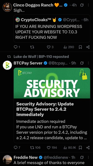 The image shows a social media timeline with urgent security advisories, including a critical WordPress update to 7.0.3 and a BTCPay Server security advisory urging an immediate update to 2.4.2. This reinforces the post's commentary about a timeline dominated by vulnerability warnings and required updates.