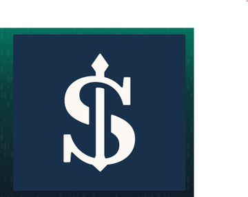 A dark blue square logo featuring an ornate white 'S' monogram design with decorative flourishes, bordered by green.