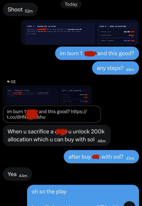 A text message exchange where someone explains a Solana NFT project mechanic involving buying NFTs, burning them as sacrifice, and unlocking a 200k allocation to purchase with SOL, directly illustrating the experimental "buy NFTs, burn, utility" concept.