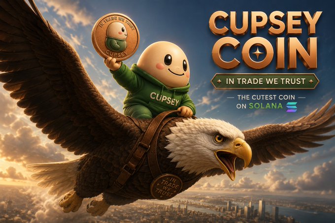 Promotional artwork for "CUPSEY COIN - IN TRADE WE TRUST" featuring a cute egg-like character in a green CUPSEY hoodie riding a bald eagle, described as "THE CUTEST COIN ON SOLANA."