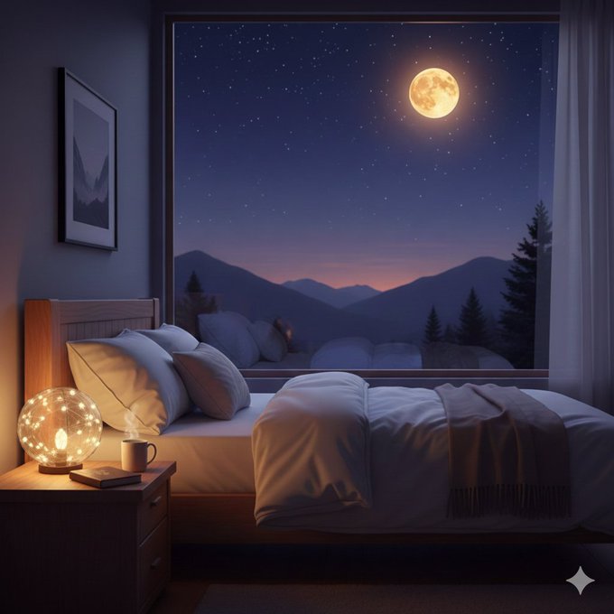A cozy bedroom bathed in the soft glow of a starry night sky with a full moon visible through the large window, accompanied by warm lighting from a bedside lamp. The peaceful nighttime scene captures the perfect "goodnight" moment, complementing the wish for a restful night's sleep.

There is no visible text, numbers, tickers, or names in the image.