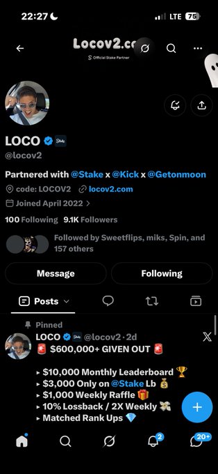 A screenshot of a social media profile for 'LOCO' (@locov2), an Official Stake Partner that joined in April 2022, detailing a giveaway with $600,000+ given out.