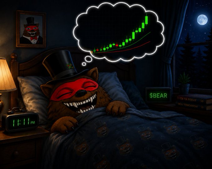 A cartoon bear character wearing a top hat and red mask is sleeping in bed with a thought bubble showing a bullish green crypto chart. A bedside clock reads 11:11 PM and a screen displays '$BEAR'.